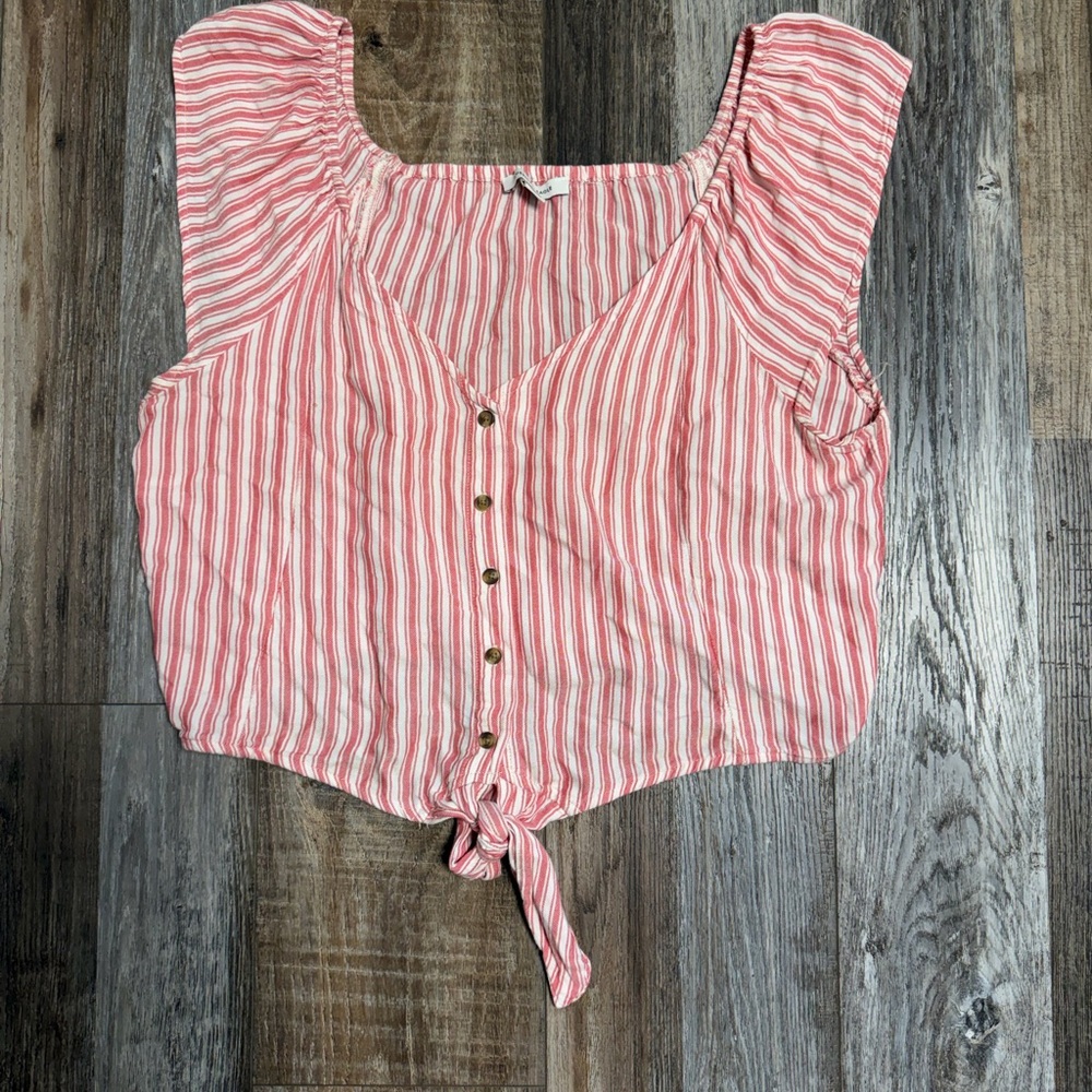 American Eagle Outfitters Pink and White Striped Tie-Front Crop Top